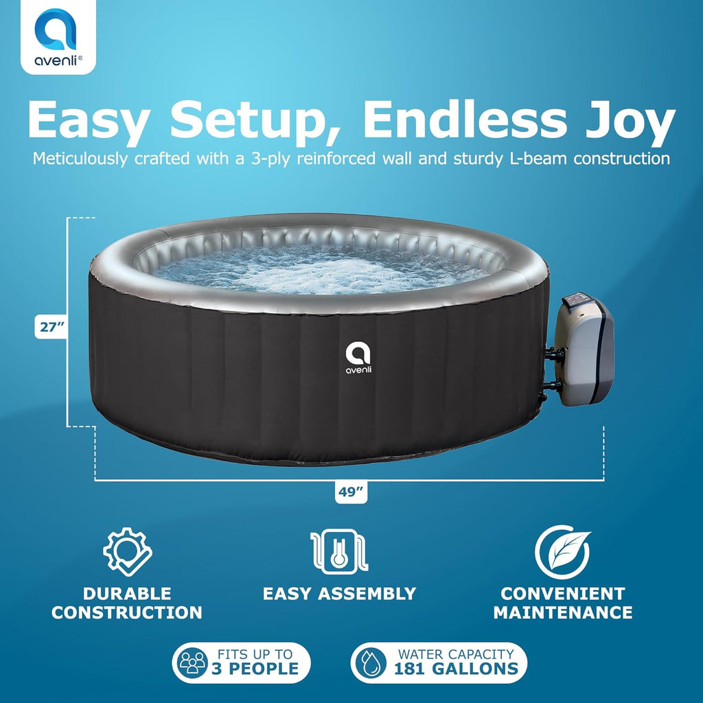 Avenli London 181 Gallon 49 Inch 2 to 3 Person Inflatable Hot Tub Spa with Control Panel, Insulated Tub Cover and Floor Protector, Black