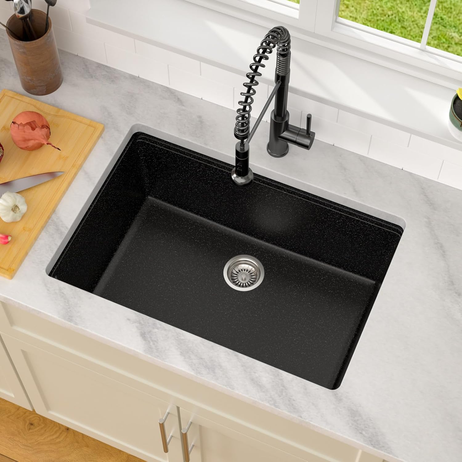 Dcolora 28 Inch Matte Black Undermount Kitchen Sink Single Bowl Modern Sink Workstation Granite Composite
