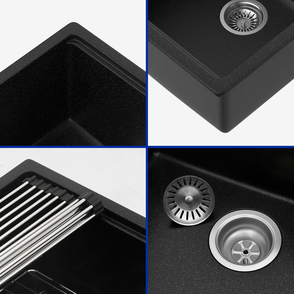 Dcolora 28 Inch Matte Black Undermount Kitchen Sink Single Bowl Modern Sink Workstation Granite Composite