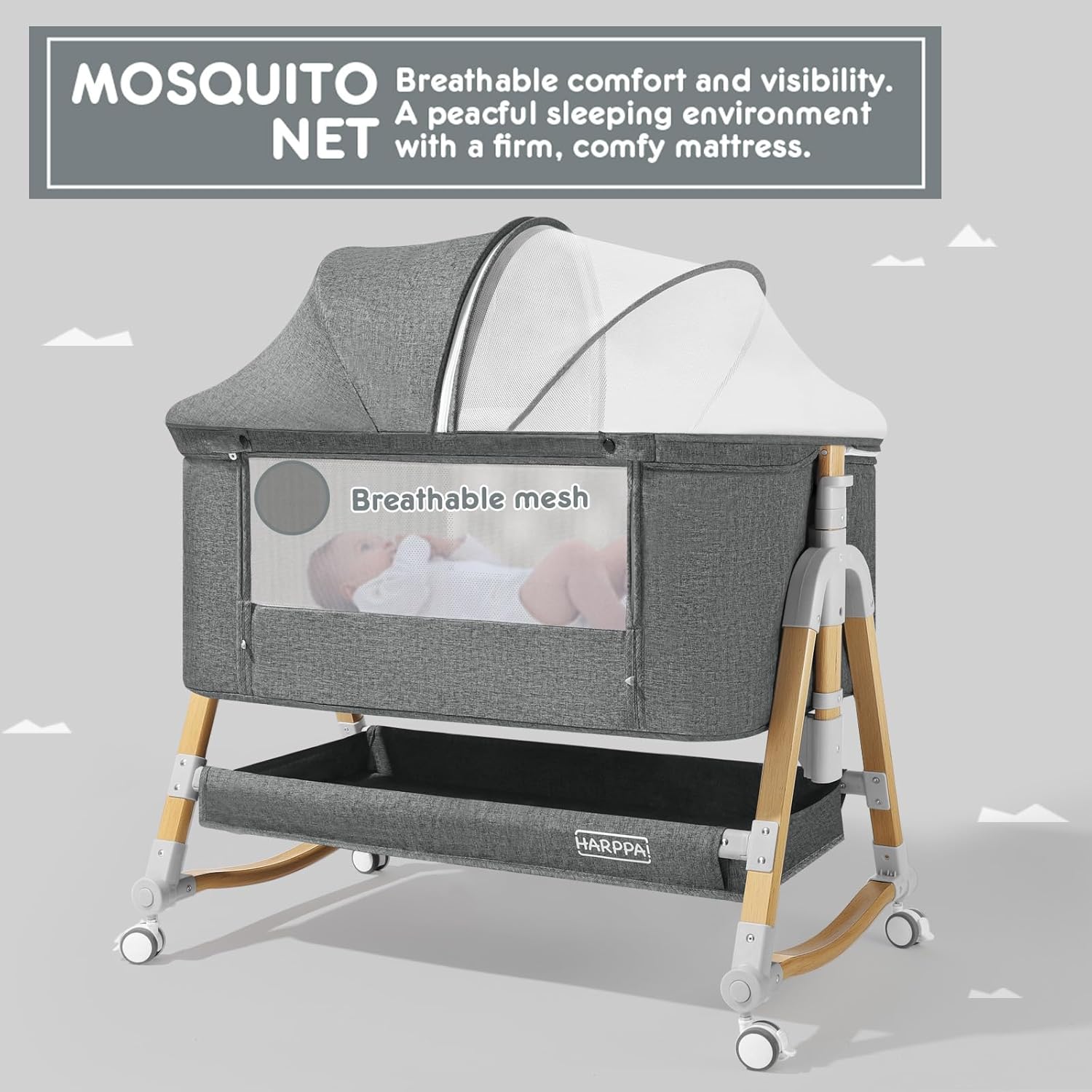 3 in 1 Baby Bassinet Bedside Sleeper, Bedside Crib with Mattress and Wheels, Breathable Mesh, 5 Height Adjustable, Anchor Strap (Grey)