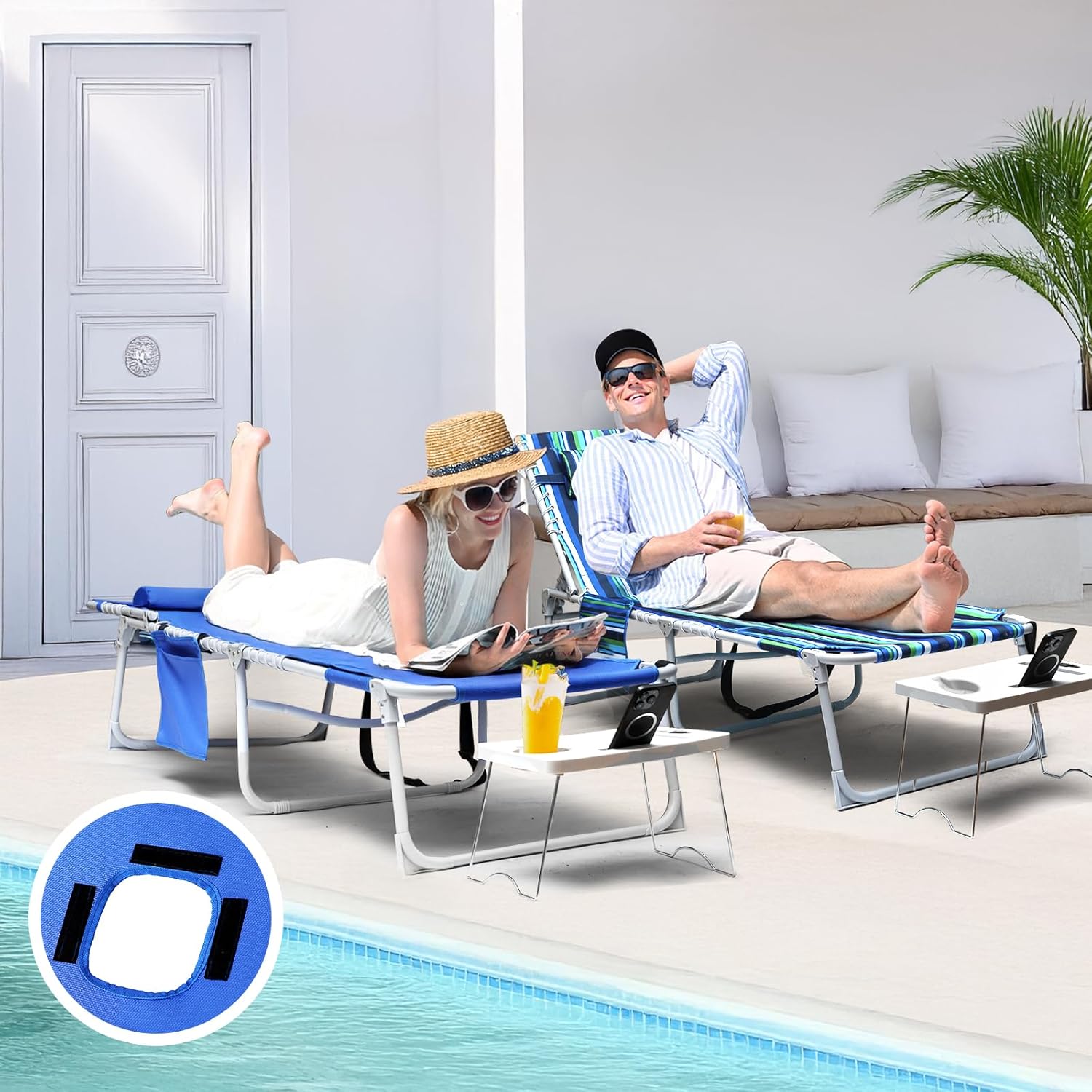 3-in-1 Sun Tanning Chair with Face Holes, Breathable Chaise Lounge Chair Outdoor, 5-Position Recliner, Lay Flat, Folding Side Table, Removable Pillow, Max 330lbs, Beach, Patio, Camping, Blue