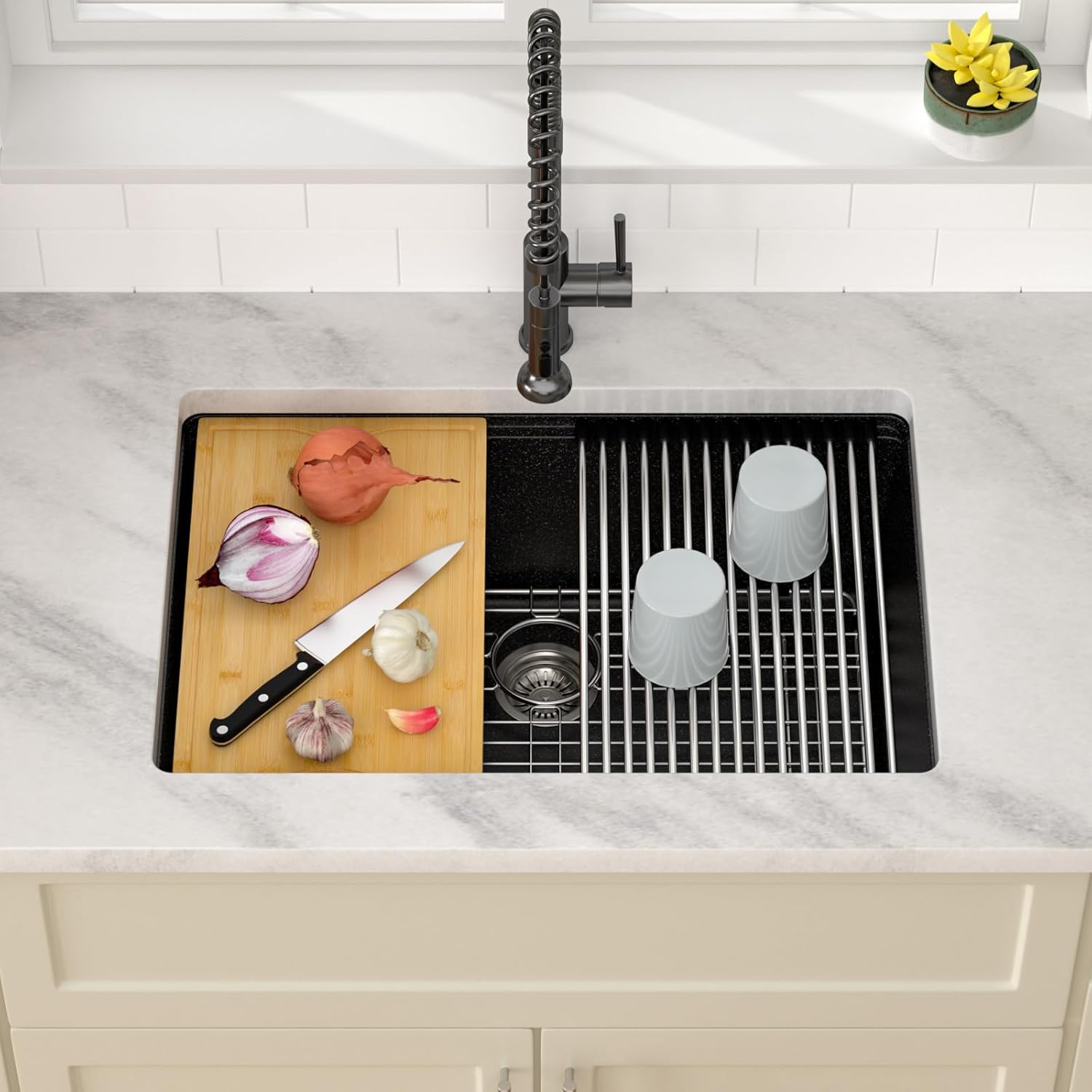 Dcolora 28 Inch Matte Black Undermount Kitchen Sink Single Bowl Modern Sink Workstation Granite Composite