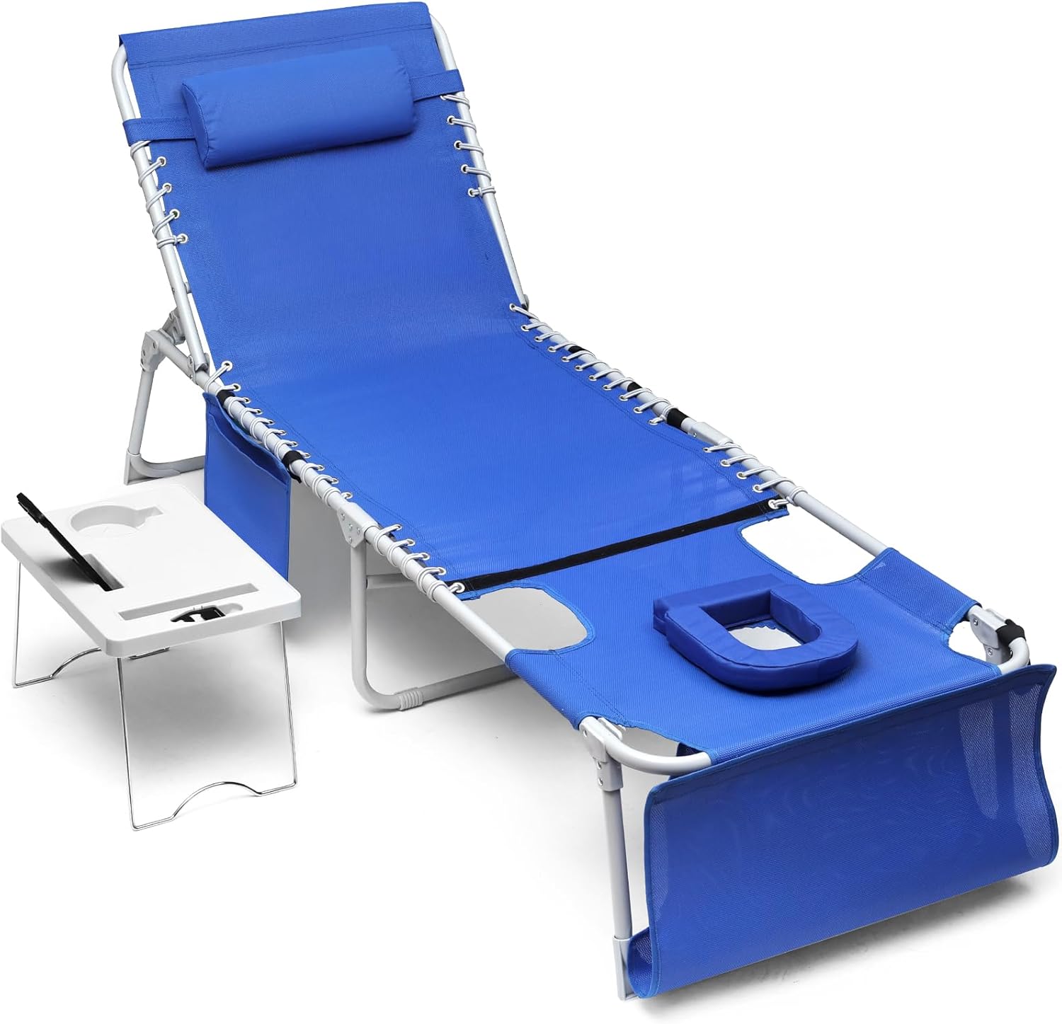 3-in-1 Sun Tanning Chair with Face Holes, Breathable Chaise Lounge Chair Outdoor, 5-Position Recliner, Lay Flat, Folding Side Table, Removable Pillow, Max 330lbs, Beach, Patio, Camping, Blue