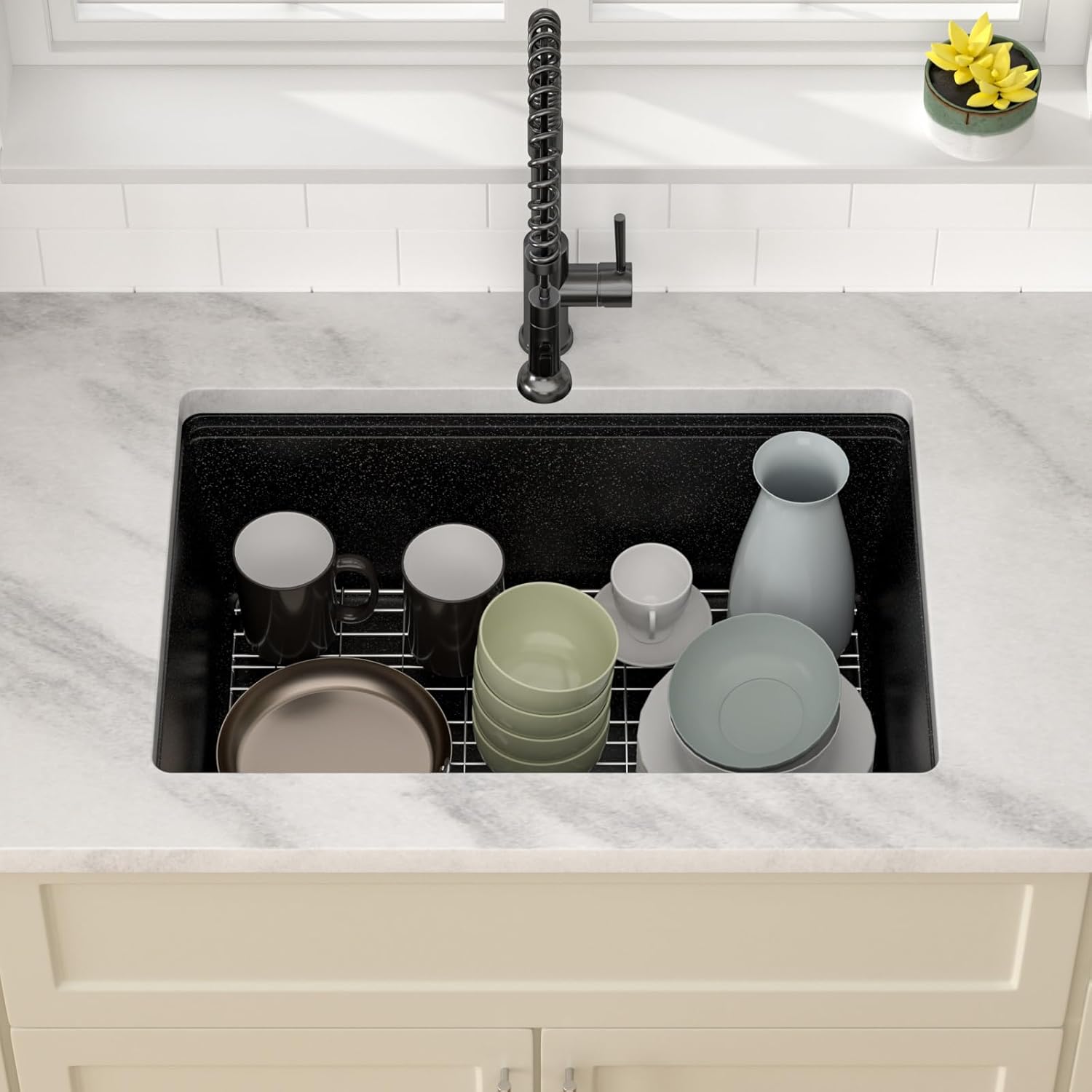 Dcolora 28 Inch Matte Black Undermount Kitchen Sink Single Bowl Modern Sink Workstation Granite Composite