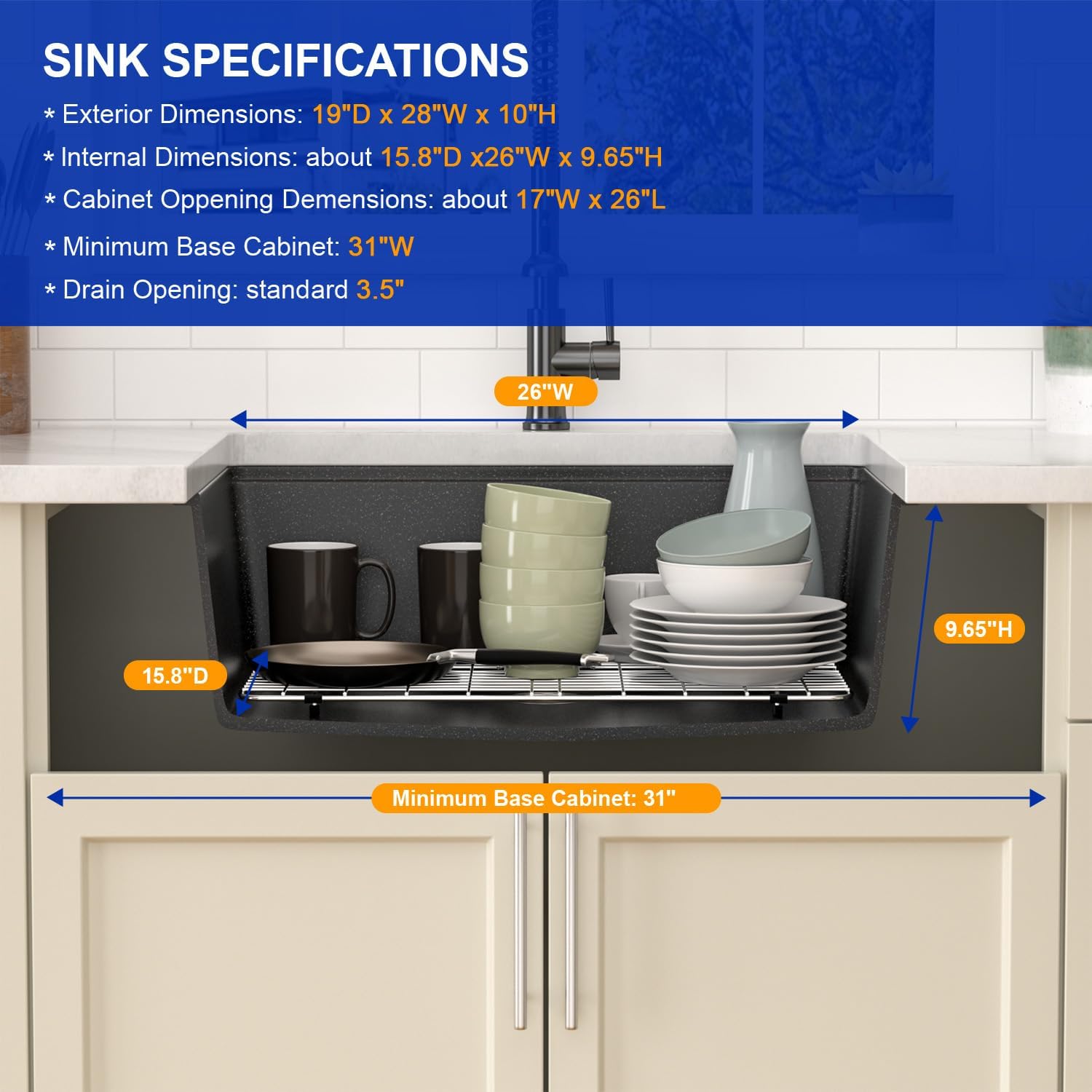 Dcolora 28 Inch Matte Black Undermount Kitchen Sink Single Bowl Modern Sink Workstation Granite Composite