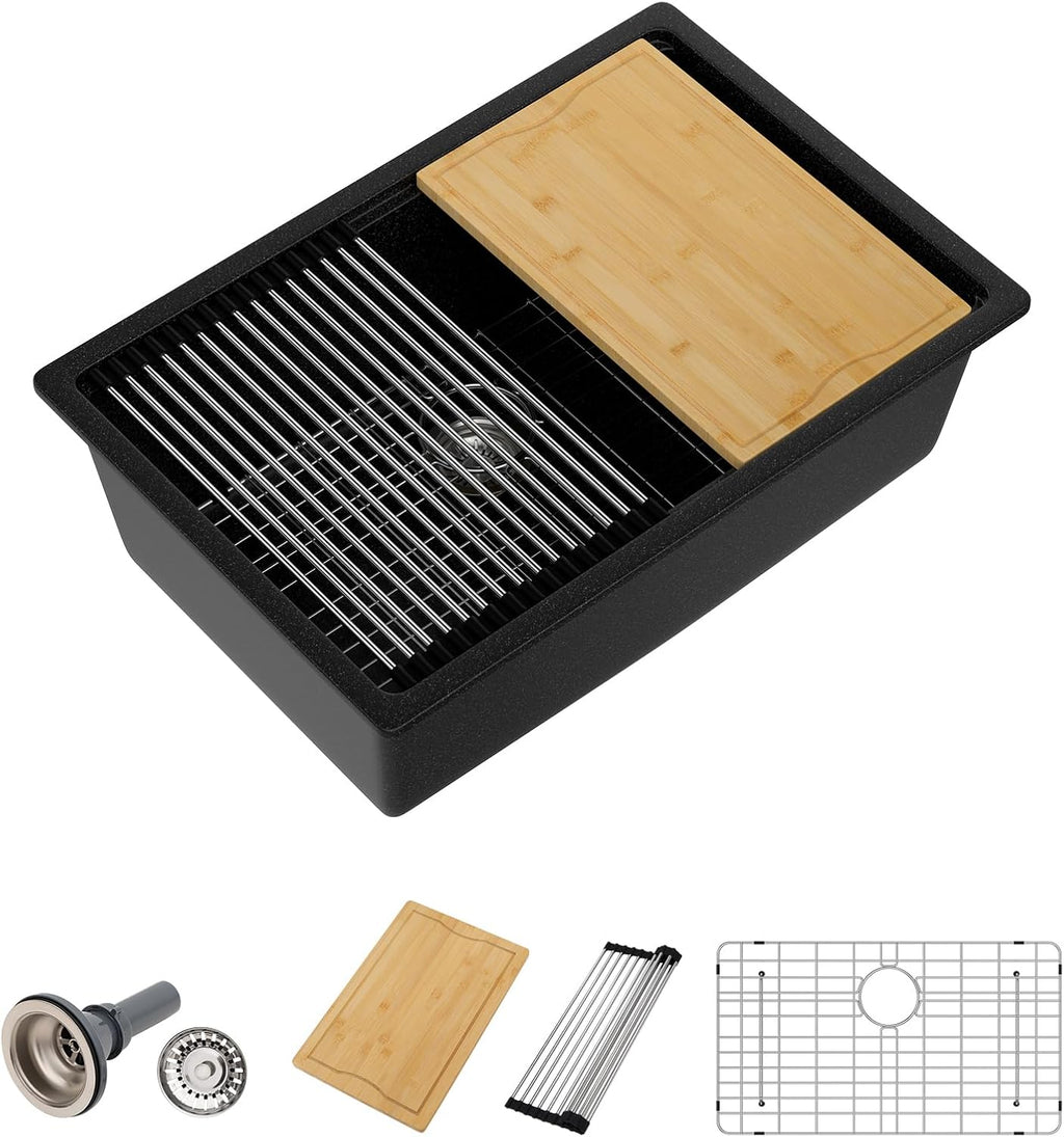 Dcolora 28 Inch Matte Black Undermount Kitchen Sink Single Bowl Modern Sink Workstation Granite Composite