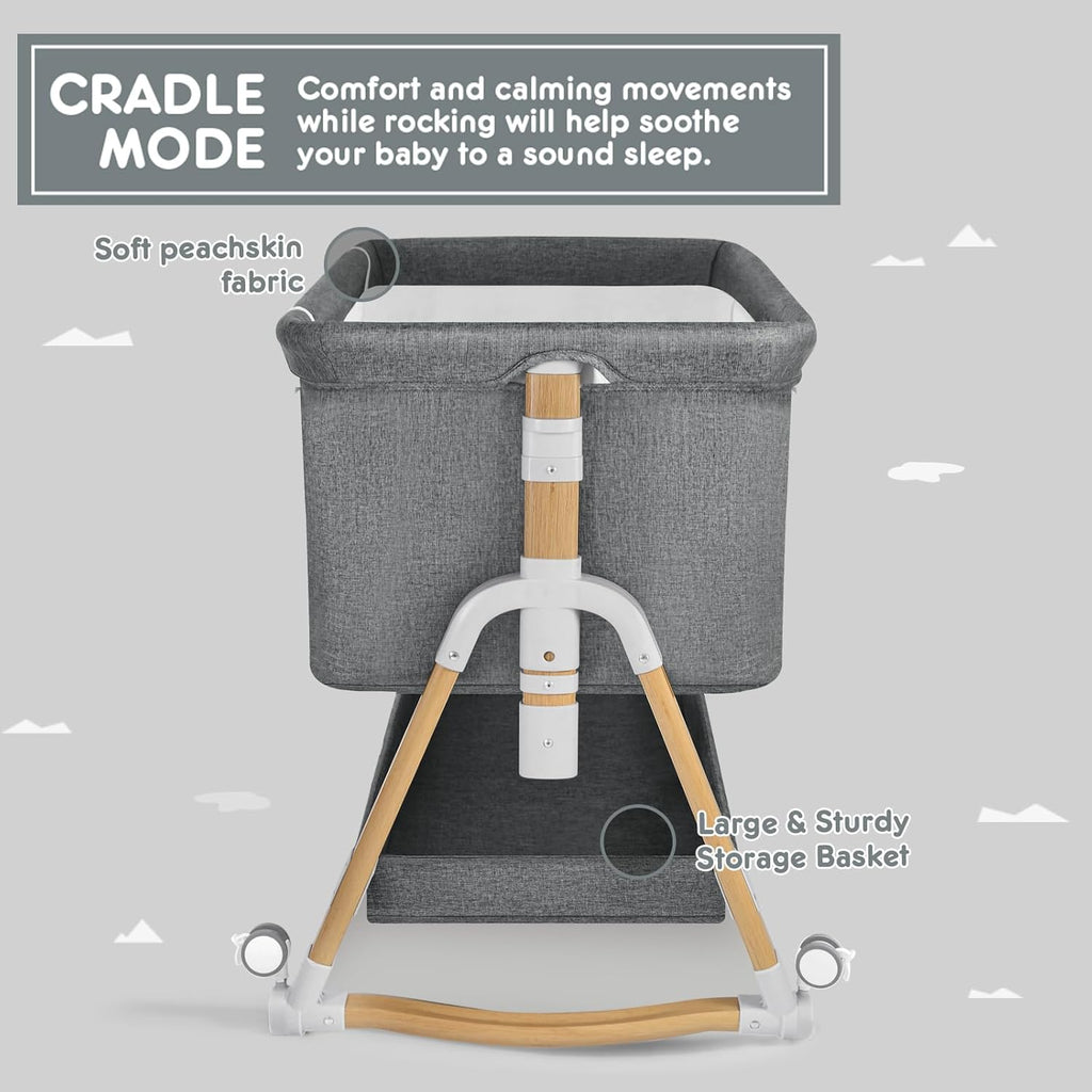 3 in 1 Baby Bassinet Bedside Sleeper, Bedside Crib with Mattress and Wheels, Breathable Mesh, 5 Height Adjustable, Anchor Strap (Grey)