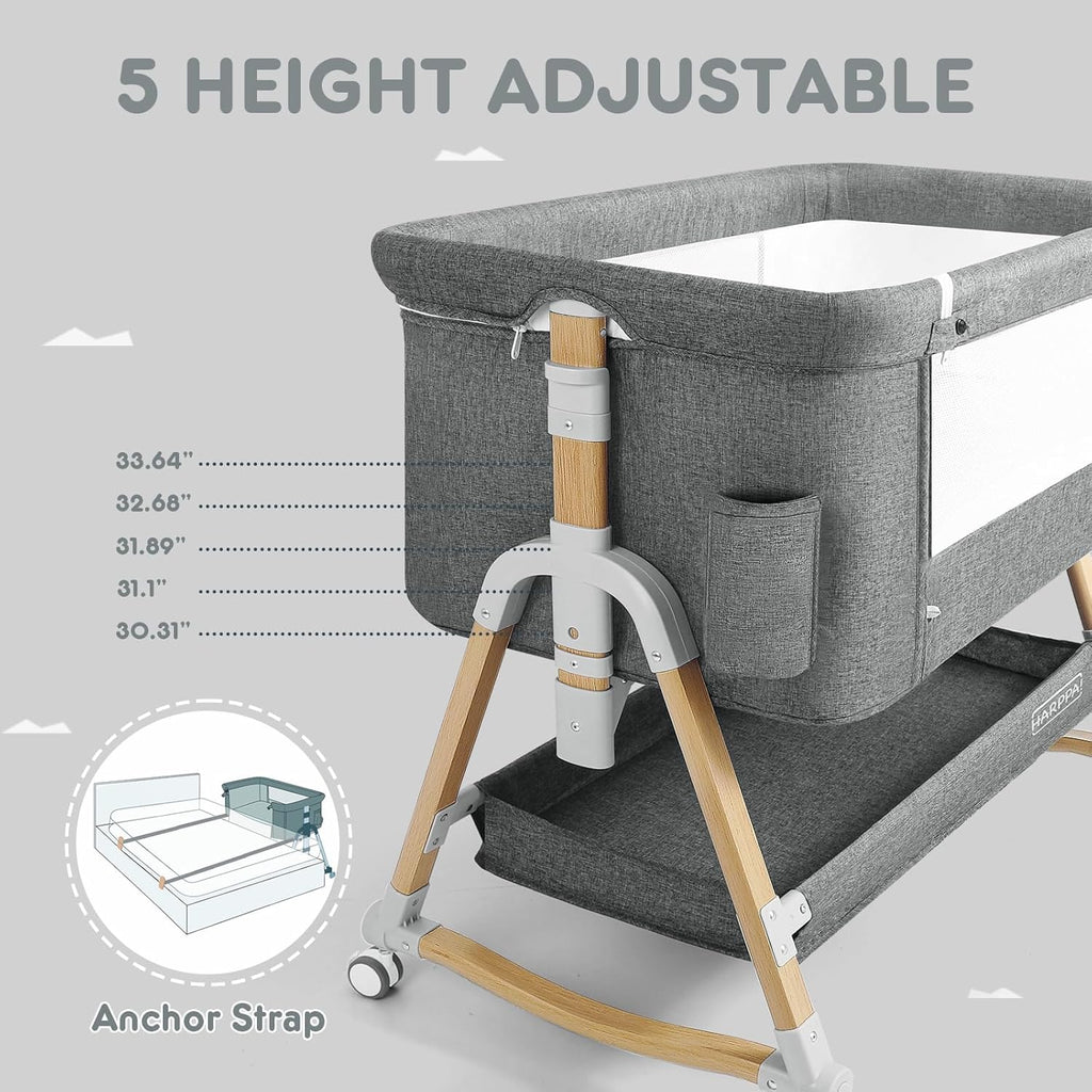 3 in 1 Baby Bassinet Bedside Sleeper, Bedside Crib with Mattress and Wheels, Breathable Mesh, 5 Height Adjustable, Anchor Strap (Grey)