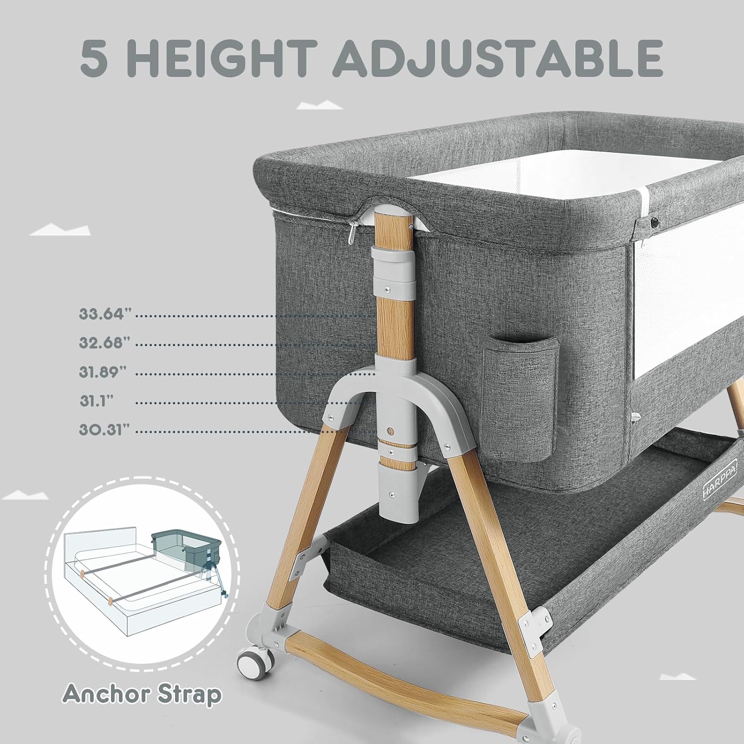 3 in 1 Baby Bassinet Bedside Sleeper, Bedside Crib with Mattress and Wheels, Breathable Mesh, 5 Height Adjustable, Anchor Strap (Grey)