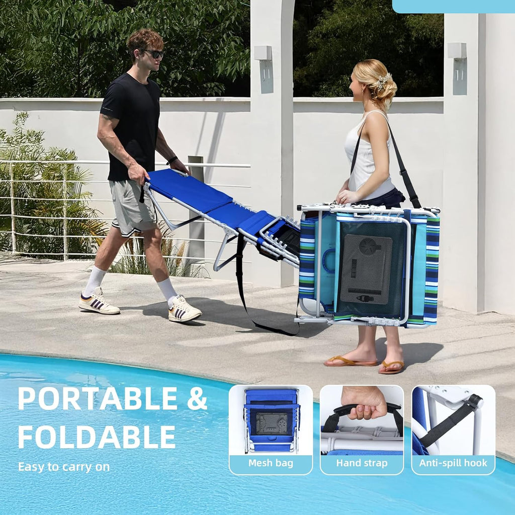 3-in-1 Sun Tanning Chair with Face Holes, Breathable Chaise Lounge Chair Outdoor, 5-Position Recliner, Lay Flat, Folding Side Table, Removable Pillow, Max 330lbs, Beach, Patio, Camping, Blue