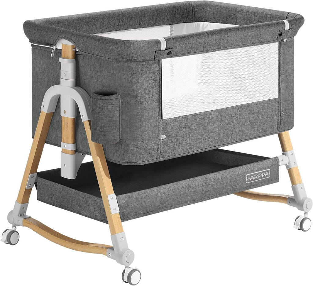 3 in 1 Baby Bassinet Bedside Sleeper, Bedside Crib with Mattress and Wheels, Breathable Mesh, 5 Height Adjustable, Anchor Strap (Grey)