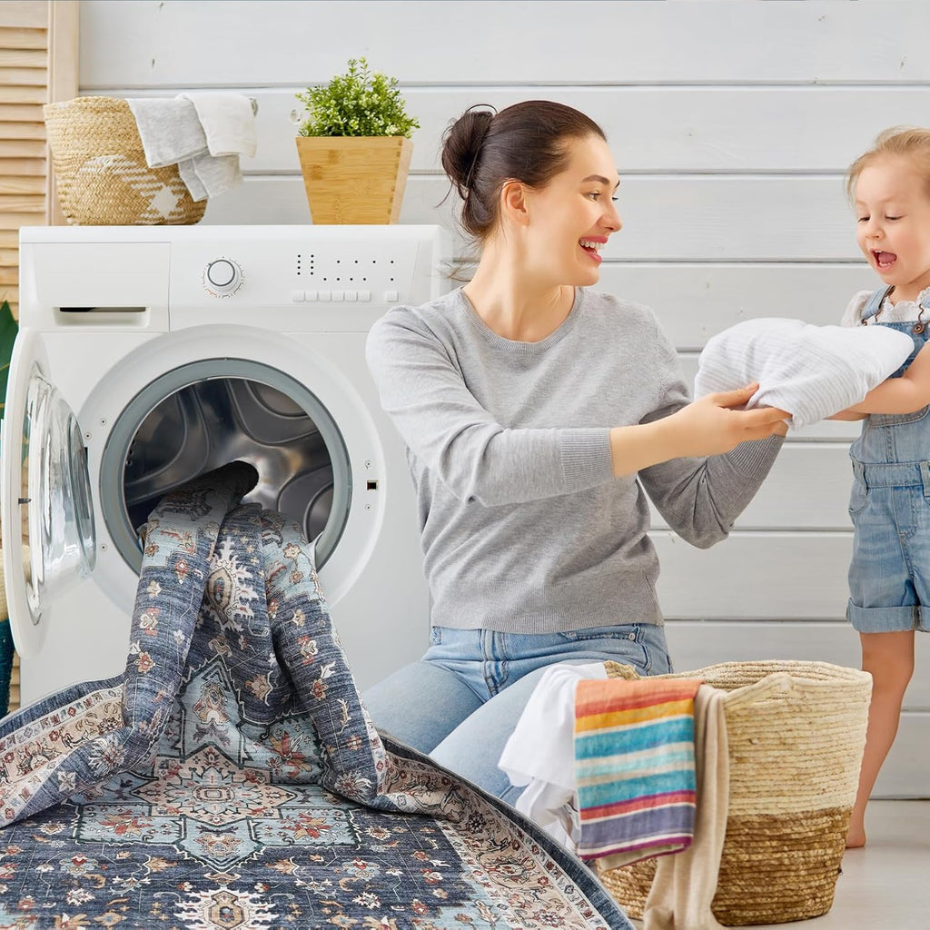 Washable Oriental Area Rug - 10x14 Rugs for Living Room Soft Carpet for Bedroom Waterproof Floral Distressed Indoor Stain Resistant Non-Shedding Floor Carpets (Blue/Teal/Orange, 10X14)