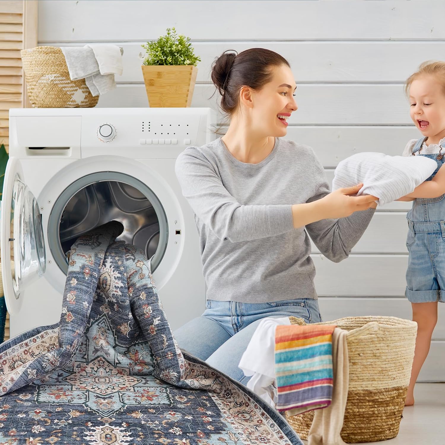 Washable Oriental Area Rug - 10x14 Rugs for Living Room Soft Carpet for Bedroom Waterproof Floral Distressed Indoor Stain Resistant Non-Shedding Floor Carpets (Blue/Teal/Orange, 10X14)