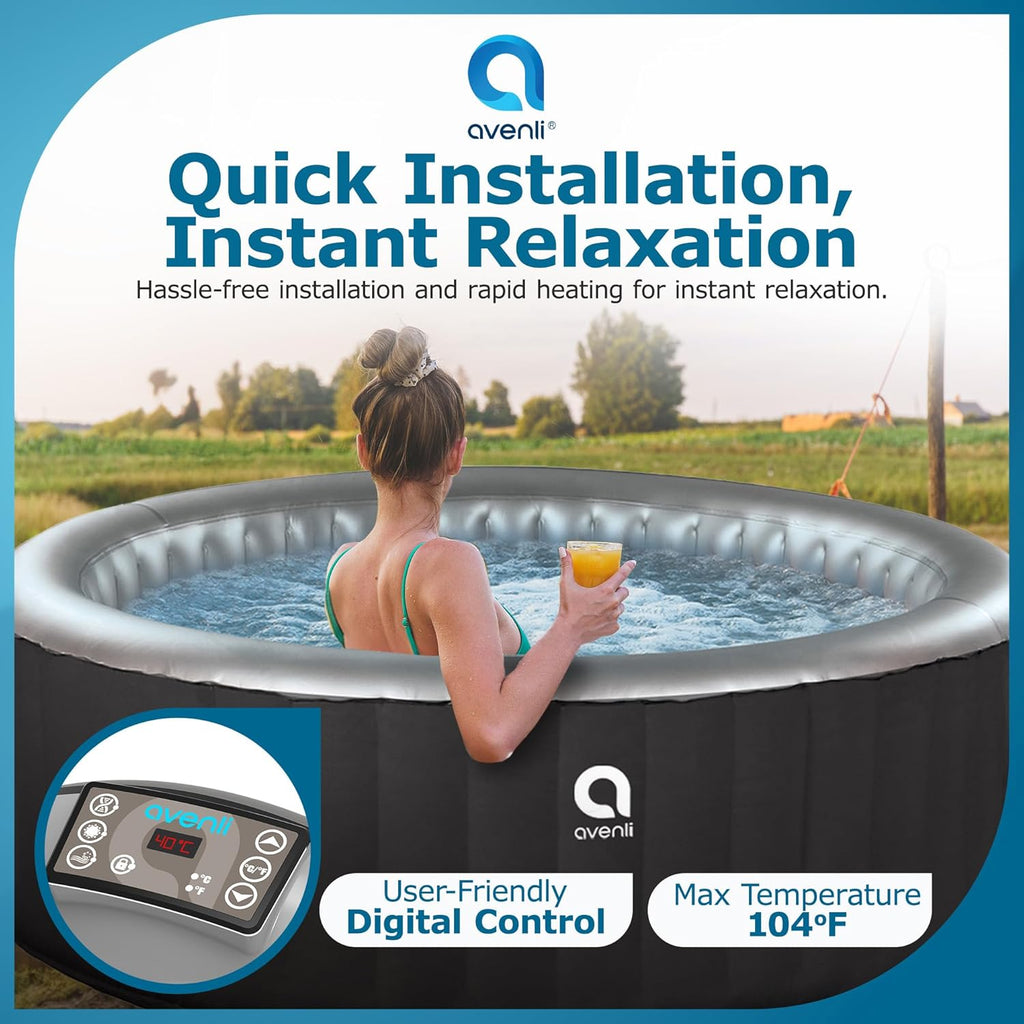 Avenli London 181 Gallon 49 Inch 2 to 3 Person Inflatable Hot Tub Spa with Control Panel, Insulated Tub Cover and Floor Protector, Black