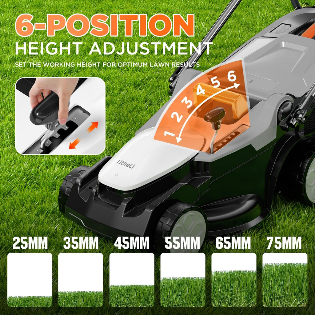 Litheli 16 Inch Lawn Mower 2x20V Electric Coreless Lawn Mower Lightweight Push Mower with 6-Position Height Adjustment, 2 X 4.0Ah Batteries.
