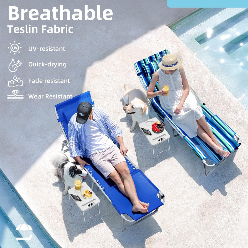 3-in-1 Sun Tanning Chair with Face Holes, Breathable Chaise Lounge Chair Outdoor, 5-Position Recliner, Lay Flat, Folding Side Table, Removable Pillow, Max 330lbs, Beach, Patio, Camping, Blue