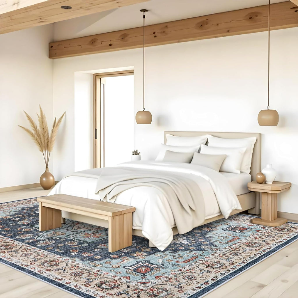 Washable Oriental Area Rug - 10x14 Rugs for Living Room Soft Carpet for Bedroom Waterproof Floral Distressed Indoor Stain Resistant Non-Shedding Floor Carpets (Blue/Teal/Orange, 10X14)