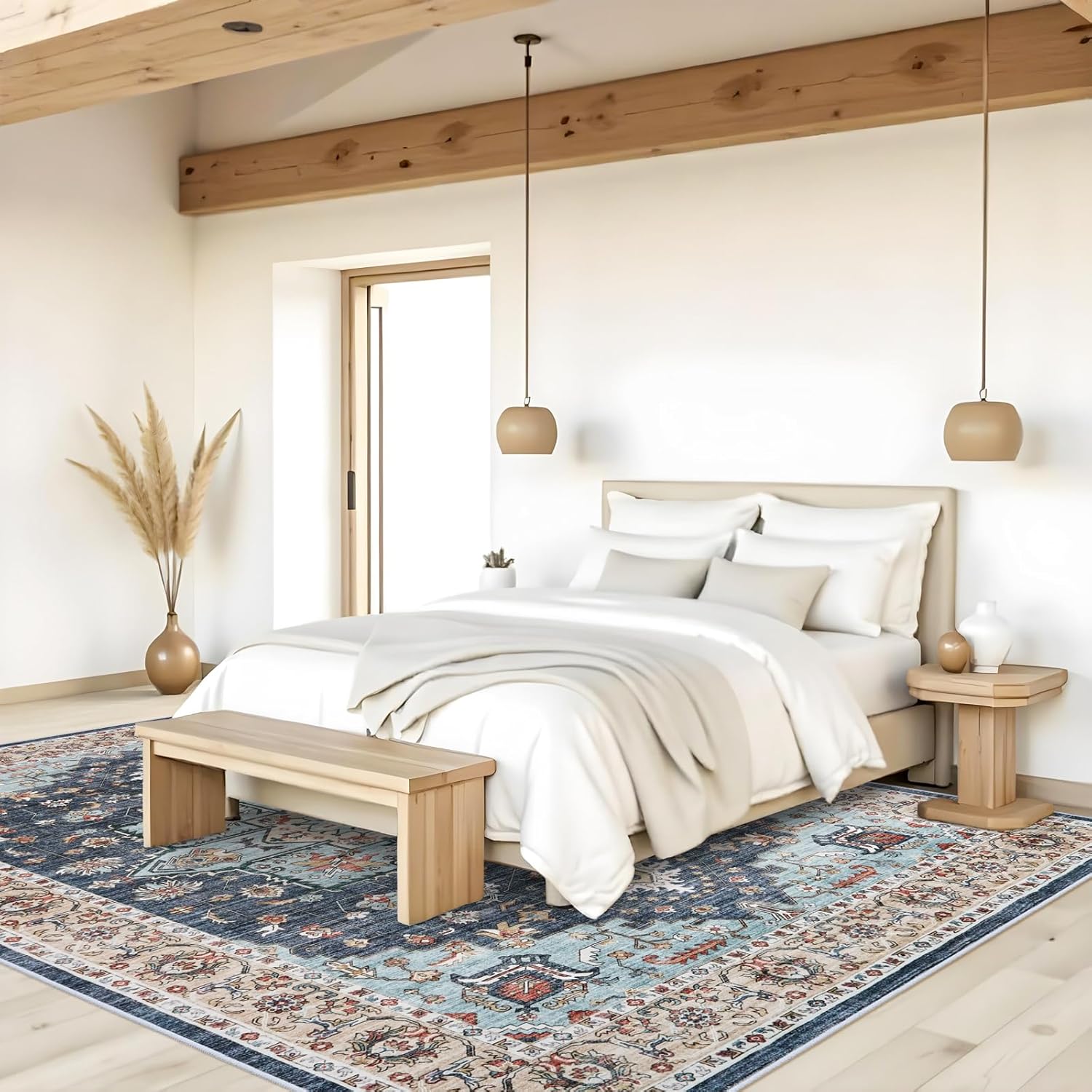 Washable Oriental Area Rug - 10x14 Rugs for Living Room Soft Carpet for Bedroom Waterproof Floral Distressed Indoor Stain Resistant Non-Shedding Floor Carpets (Blue/Teal/Orange, 10X14)