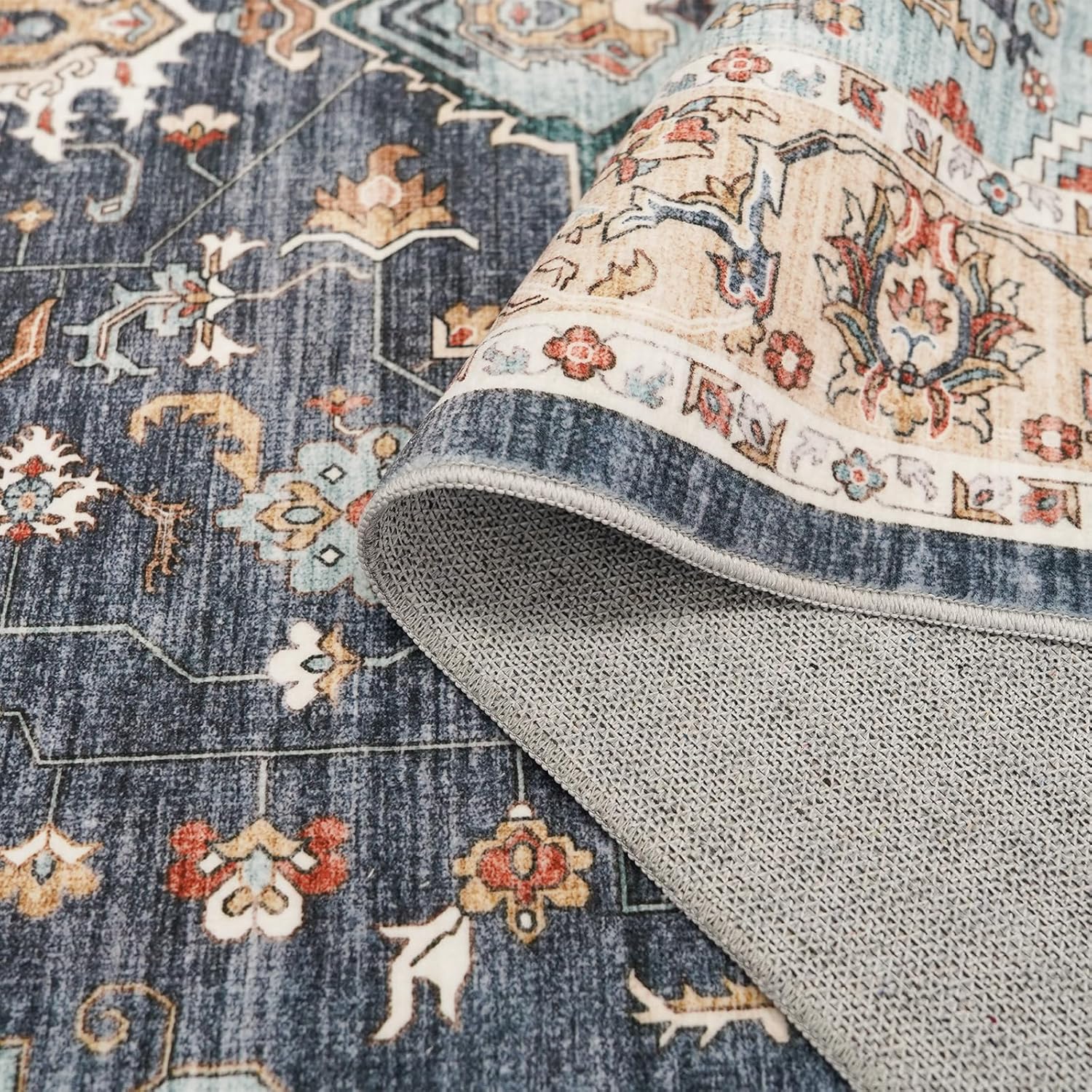 Washable Oriental Area Rug - 10x14 Rugs for Living Room Soft Carpet for Bedroom Waterproof Floral Distressed Indoor Stain Resistant Non-Shedding Floor Carpets (Blue/Teal/Orange, 10X14)