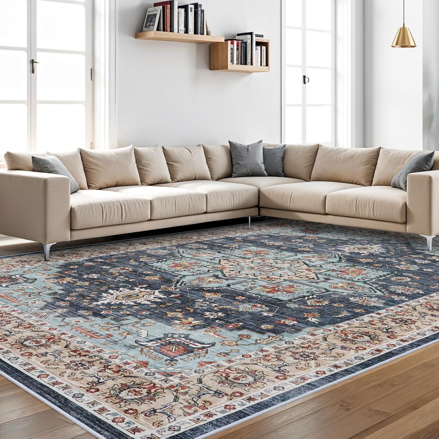 Washable Oriental Area Rug - 10x14 Rugs for Living Room Soft Carpet for Bedroom Waterproof Floral Distressed Indoor Stain Resistant Non-Shedding Floor Carpets (Blue/Teal/Orange, 10X14)