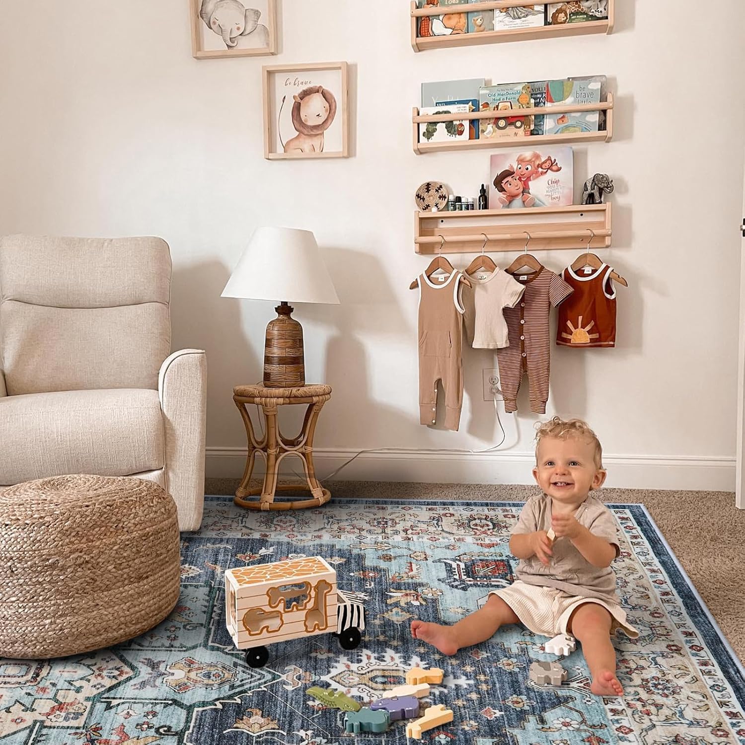 Washable Oriental Area Rug - 10x14 Rugs for Living Room Soft Carpet for Bedroom Waterproof Floral Distressed Indoor Stain Resistant Non-Shedding Floor Carpets (Blue/Teal/Orange, 10X14)